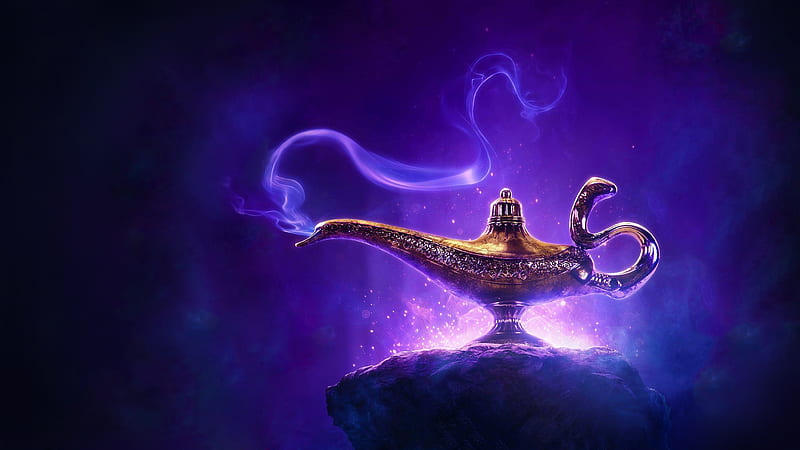 Aladdin 2019, aladdin, fantasy, movie, genie, pink, blue, disney, poster, lamp, luminos, HD wallpaper