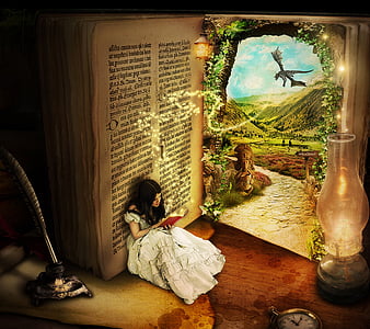 Girl reading a book, art, fantasy, water, luminos, girl, redhead, ana ...