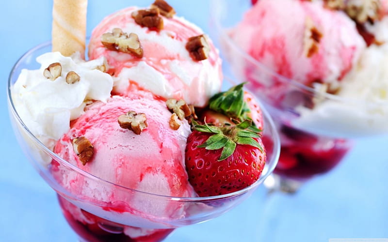 Invitation to ice cream :), red, strawberry, ice cream, sweet, dessert, fruit, nuts, glass, cup, white, pink, HD wallpaper