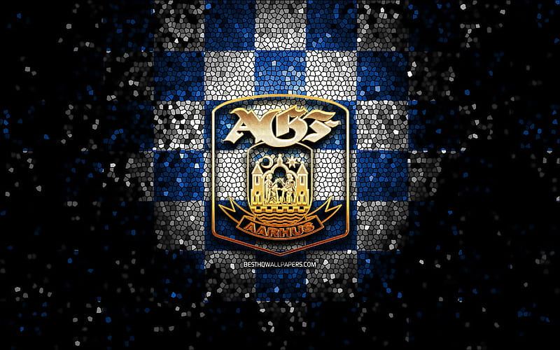 Aarhus FC, glitter logo, Danish Superliga, blue white checkered background, soccer, danish football club, Aarhus logo, mosaic art, football, Aarhus GF, HD wallpaper