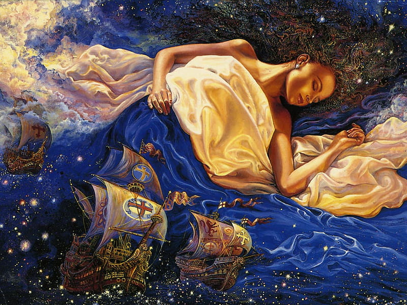 Astral Voyage, ships, sleep, woman, sleeping, josephine wall, boats, fantasy, voyage, astral, HD wallpaper