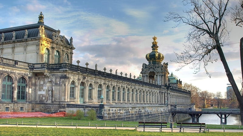 grand palace, lawn, palace, bridge, moat, HD wallpaper