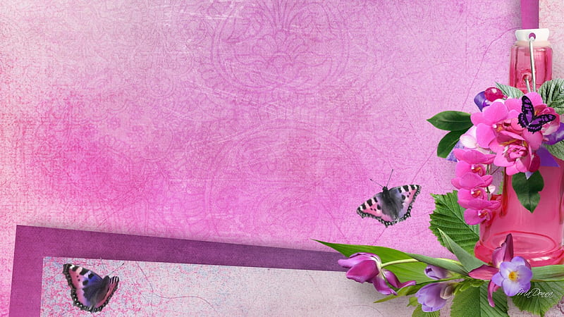 Signs of Summer, summer, flowers, spring, butterflies, pink, HD wallpaper