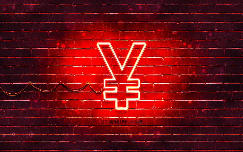 Chinese yuan neon icon red background, currency, neon symbols, Chinese yuan, neon icons, Chinese yuan sign, currency signs, Chinese yuan icon, currency icons, HD wallpaper