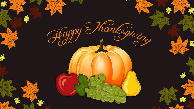 Pumpkin Apple Green Grapes In Brown Background Thanksgiving, HD wallpaper