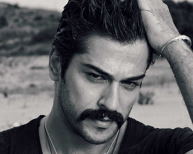 Burak Ozcivit, moustache, black, man, bw, turkish, face, white, actor, HD wallpaper
