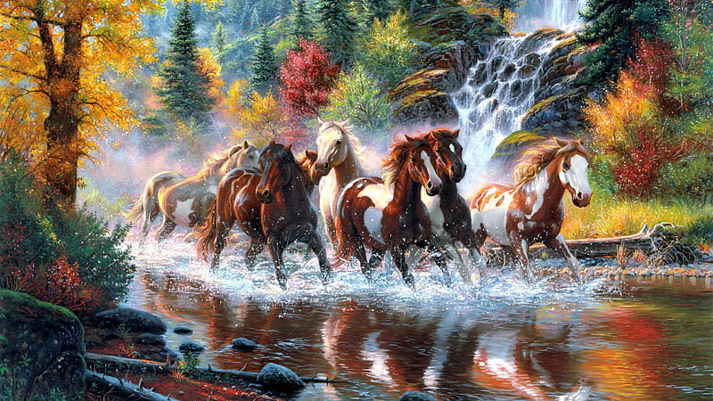 Running Horses Near Waterfall And Stream Horse, HD wallpaper | Peakpx
