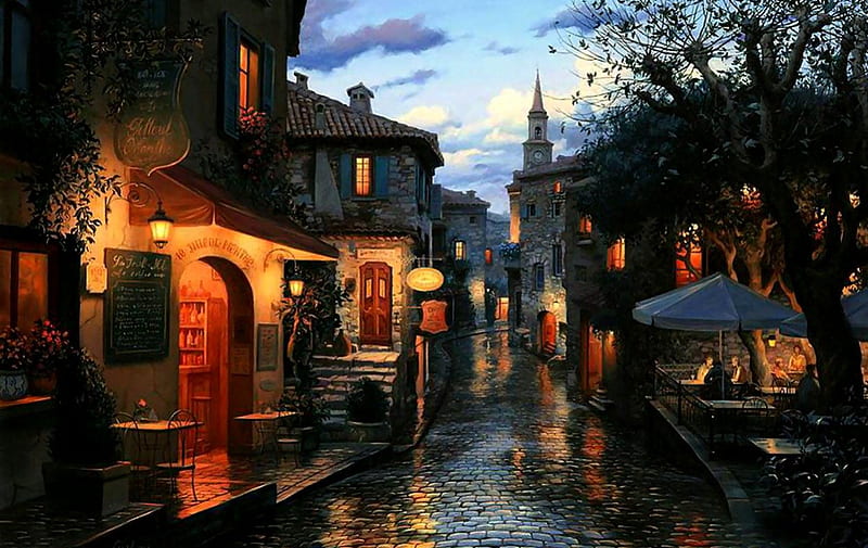 Evening Street Scene F5, art, cityscape, umbrella, artwork, lights, painting, cobblestone, rain, evening, scenery, HD wallpaper