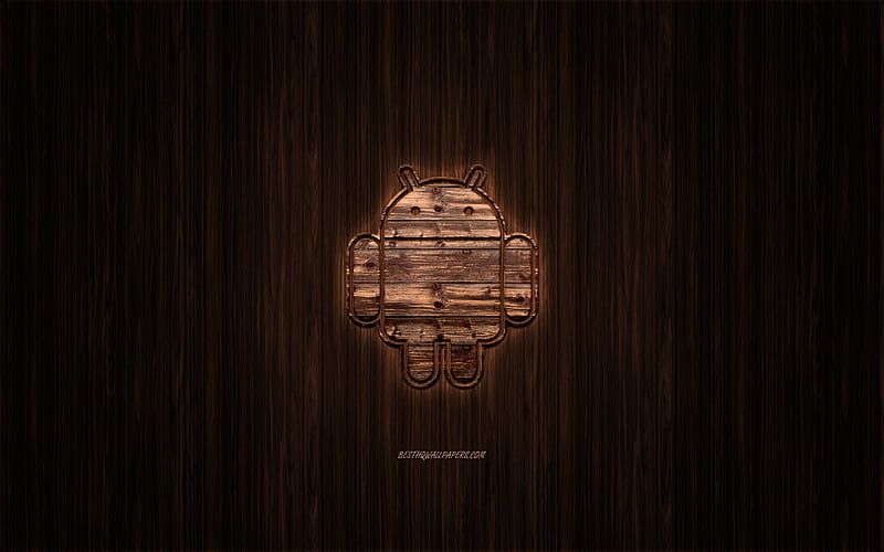 Android logo, wooden logo, wooden background, Android, emblem, brands, wooden art, Android robot, HD wallpaper