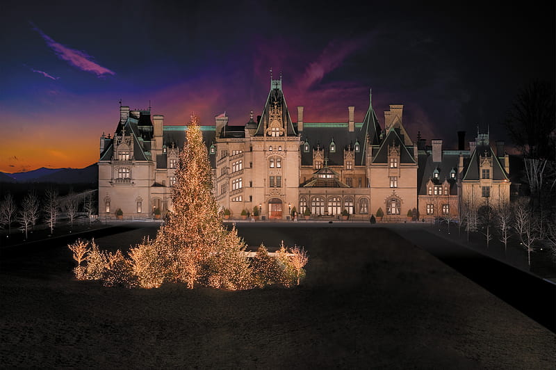 Christmas At Biltmore, house, ashville, christmas, holiday, home, sky, clouds, lights, tree, nc, manstion, HD wallpaper