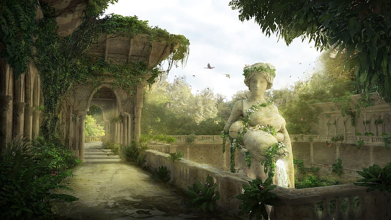 The secret garden, secret garden, world, fantasy, luminos, green, statue, lam nguyen, HD wallpaper