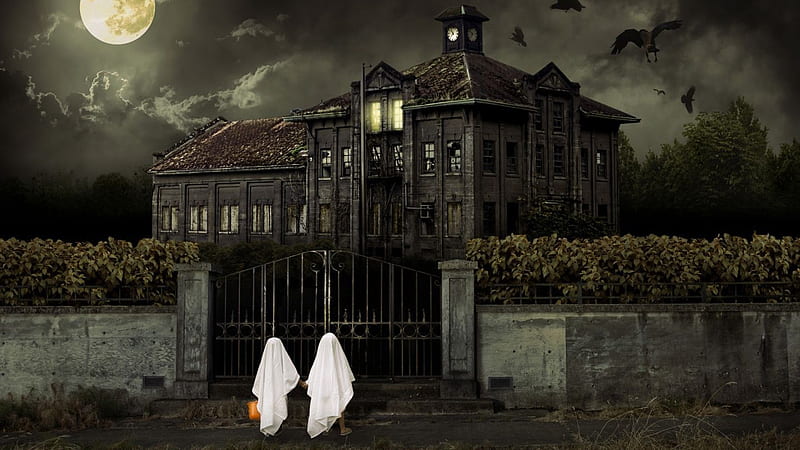Two Boys Covered With White Cloth Standing In Front Of Haunted Mansion Gate Movies, HD wallpaper