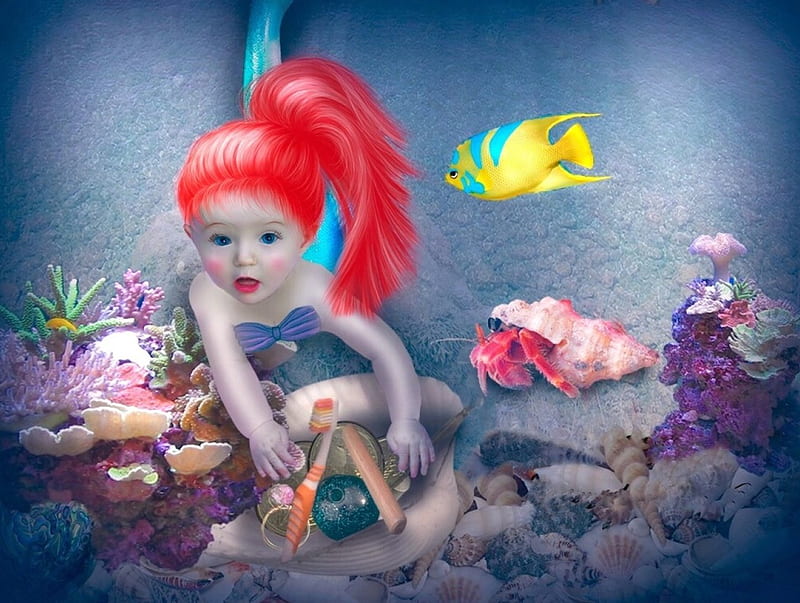 The Little Mermaid, seas, Coral, fish, Mermaid, ocean, red hair, sweet, cute, young, water, HD wallpaper
