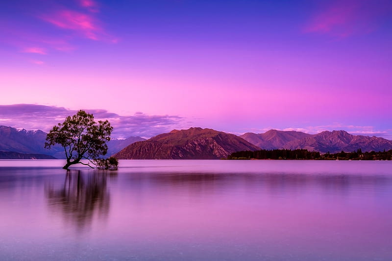 Lake Wanaka,New Zealand, calm, mountains, dusk, nature, wanaka, trees, lake, HD wallpaper