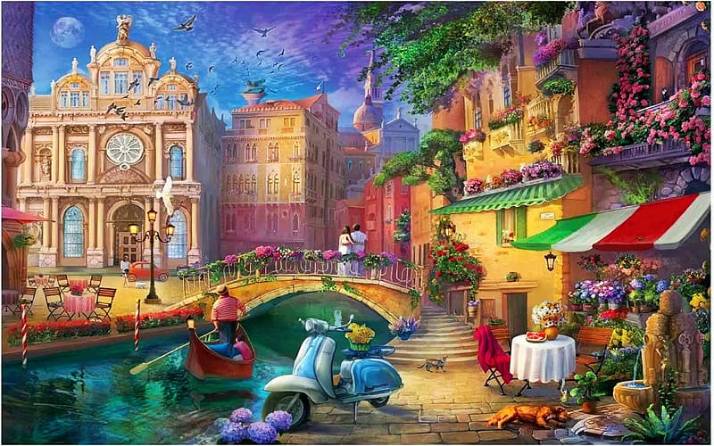 Romantic Venice, digital, boat, artwork, table, canal, houses, bridge, restaurant, flowers, HD wallpaper