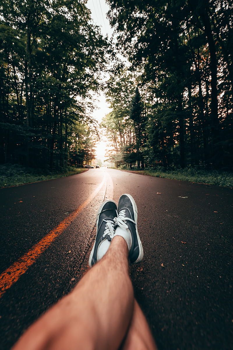 legs, sneakers, road, marking, trees, HD phone wallpaper