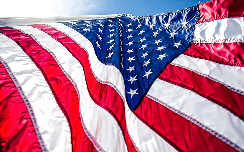 USA flag, American flag on flagpole, blue sky, US flag, USA, American national symbol, HD wallpaper
