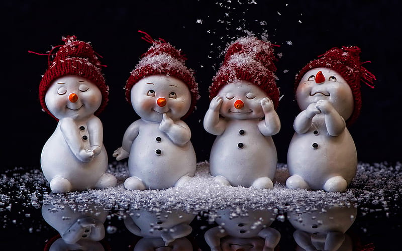 snowmen, 3D art, dark background, Happy New Year, snowfall, cute snowmen, snowman, HD wallpaper