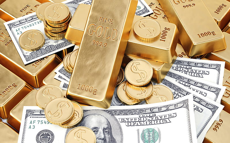 gold bars, american dollars, wealth concepts, finance, money, business concepts, HD wallpaper
