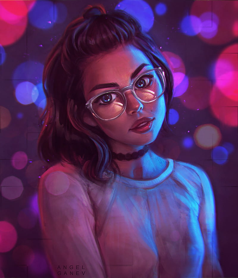 women, brunette, looking at viewer, women with glasses, blue eyes, necklace, face, drawing, painting, digital painting, illustration, artwork, digital art, 2D, portrait, Angel Ganev, HD phone wallpaper