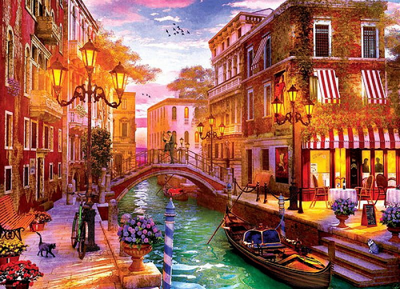 Sunset over Venice, houses, people, painting, sky, artwork, canal, cat, boat, bridge, restaurant, flowers, HD wallpaper