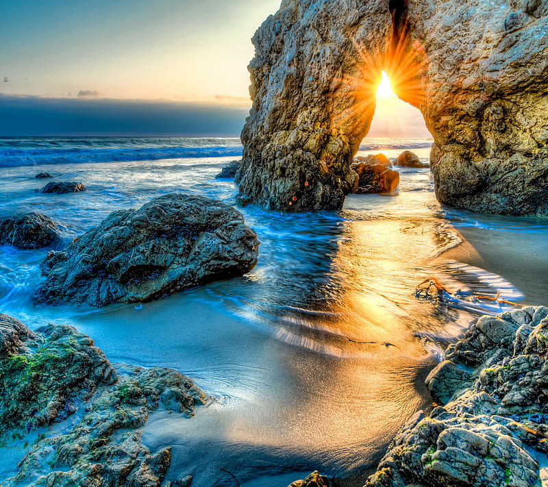 Seascape, ocean, rocks, sea, sunset, view, HD wallpaper