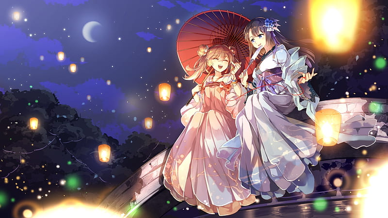 anime girls, kimono, lanterns, smiling, umbrella, night, Anime, HD wallpaper