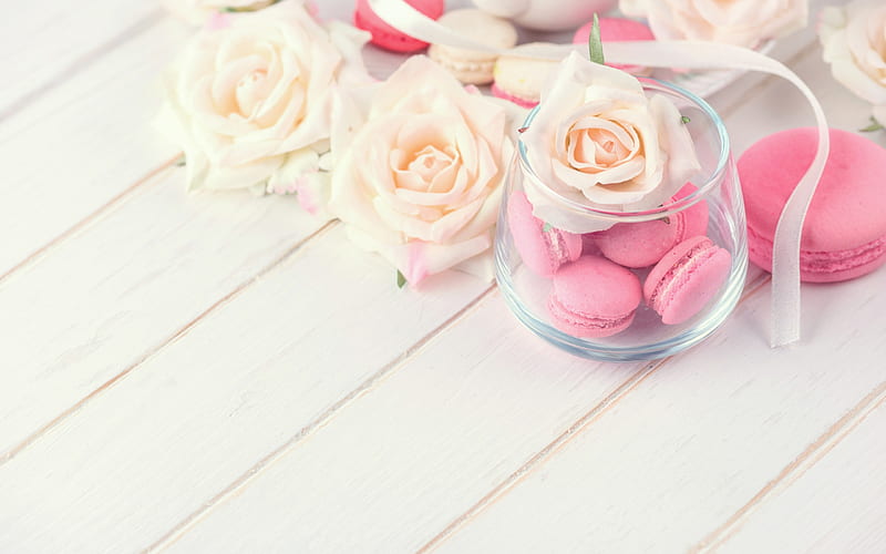 :), rose, pink, white, jar, macaroon, flower, cookie, card, HD wallpaper