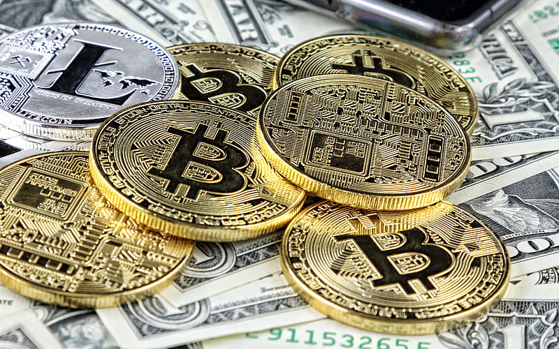 Bitcoin, BTC, Golden coins, gold signs, american dollars, electronic money, finance concepts, BTC coins, HD wallpaper