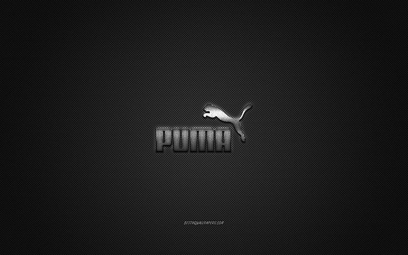 Puma logo, metal emblem, apparel brand, black carbon texture, global apparel brands, Puma, fashion concept, Puma emblem, HD wallpaper