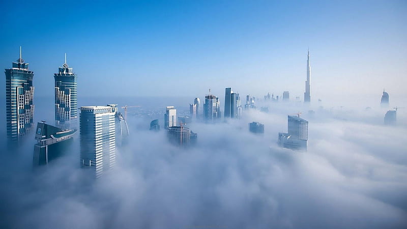 wondrous skyline of dubai in fog, city, sky, fog, skyscrapers, HD wallpaper