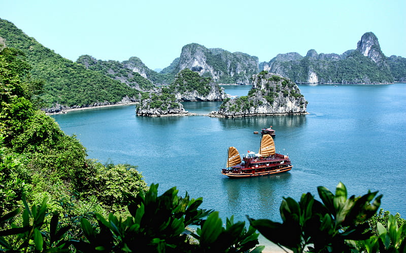 Vietnam, coast, Cat Ba Island, tropical islands, evening, sunset, Vietnamese ship, HD wallpaper