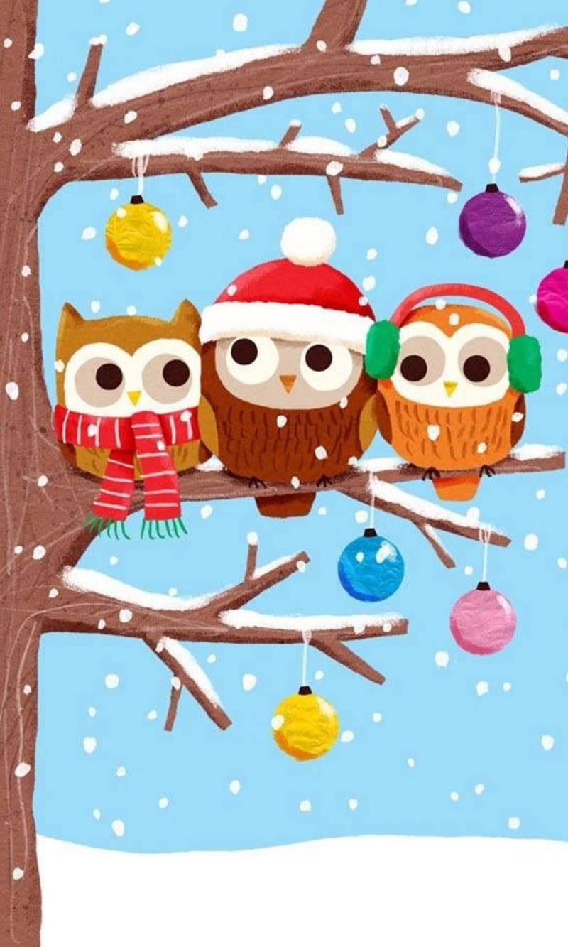owls christmas, cartoon, merry christmas, owls, snow, winter, xmas, HD phone wallpaper