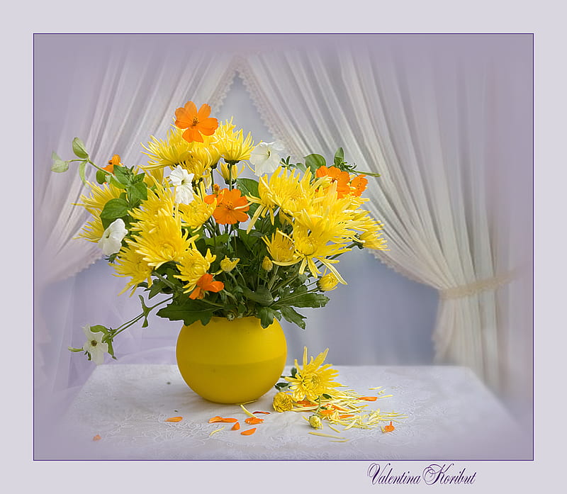 still life, orange, yellow, vase, bonito, elegantly, graphy, nice, cool, bouquet, flower, flowers, harmony, HD wallpaper