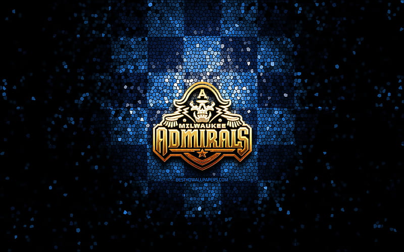 Milwaukee Admirals, glitter logo, AHL, blue checkered background, USA, american hockey team, Milwaukee Admirals logo, mosaic art, hockey, America, HD wallpaper