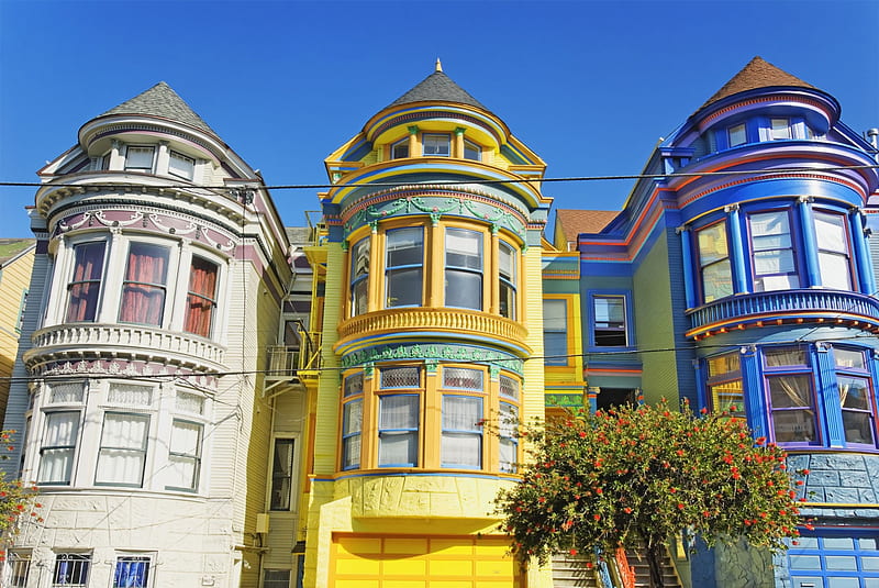 Colorful Victorian Houses, building, windows, tree, yellow, white, sky, blue, HD wallpaper