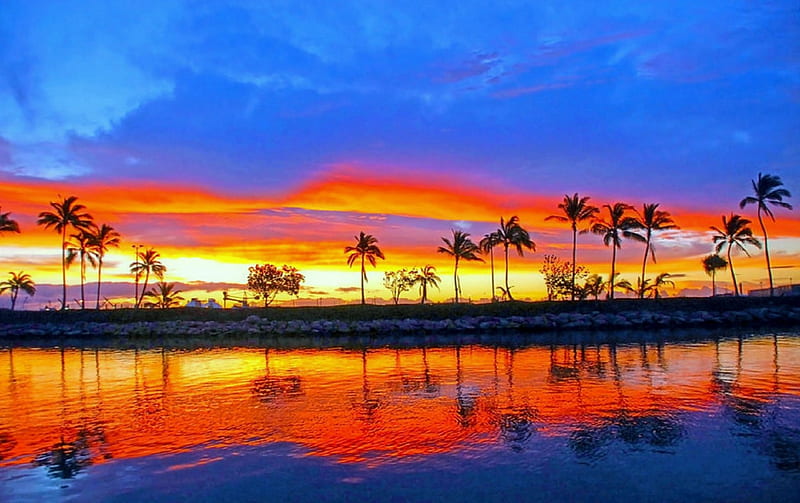 --Hawaiian at Sunrise--, getaways, tourists, red, colorful, splendid, orange, Hawaii, panoramic view, attractions in dreams, bonito, Ko Olina, graphy, waterscapes, bright, scenery, islands, love four seasons, places, creative pre-made, sky, trees, paradise, plants, travels, nature, reflections, HD wallpaper