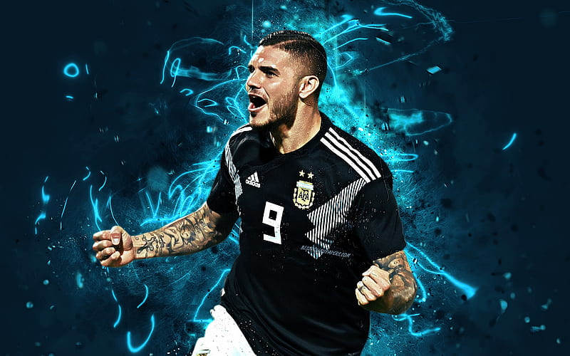 Mauro Icardi, black uniform, Argentina National Team, striker, fan art, Icardi, football stars, soccer, footballers, neon lights, Argentinean football team, HD wallpaper