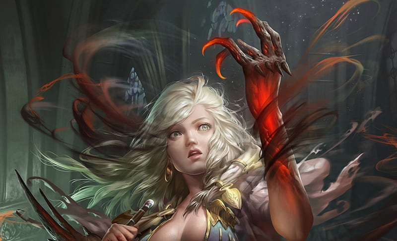 Morgana, red, fantasy, girl, game, hand, blonde, st cygnus, HD wallpaper