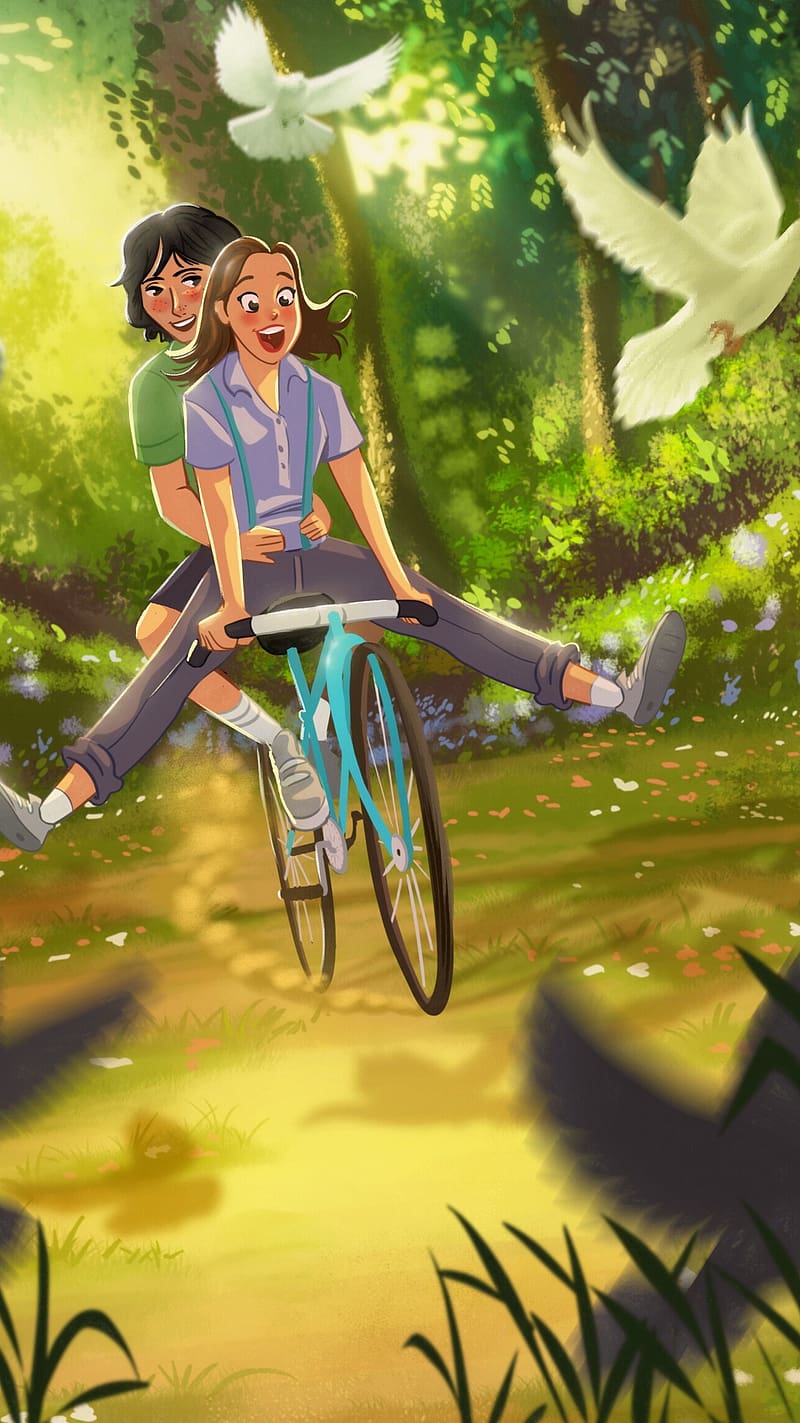 Cartoon Couple Love Riding Bicycle, cartoon couple love, riding bicycle, HD phone wallpaper