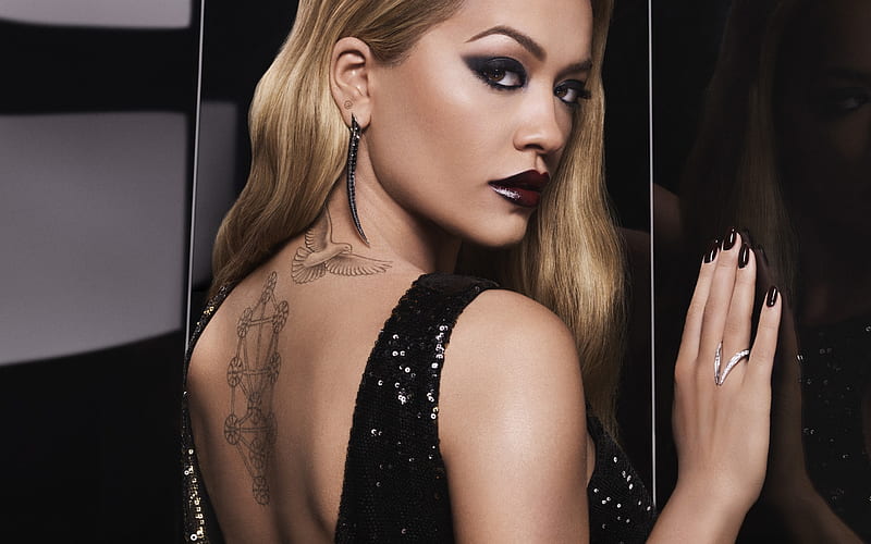 Rita Ora, hoot, black luxurious dress, dark make-up, British singer, young star, portrait, HD wallpaper