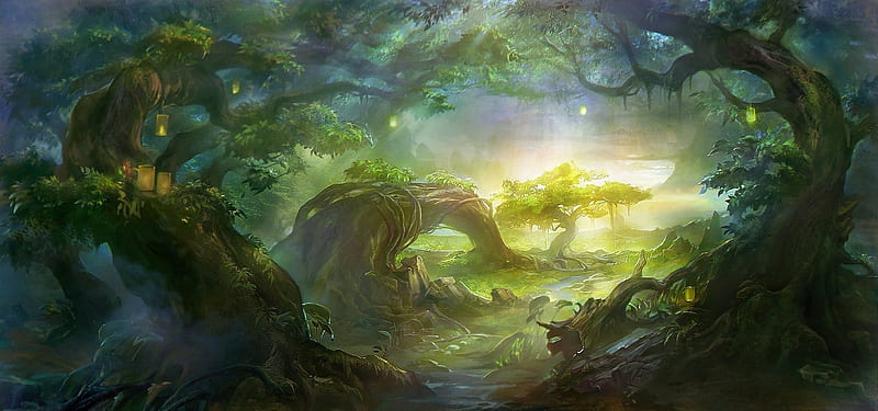 Magical forest, forest, art, luminos, woods, tree, fantasy, green, magical, rongrong wang, HD wallpaper