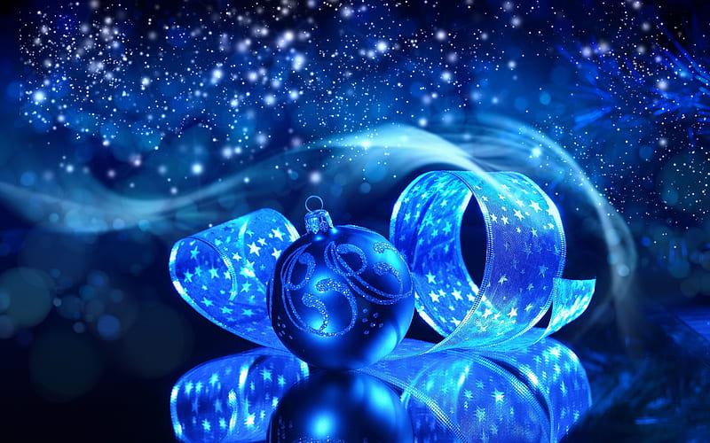 New Year, 2018, blue christmas balls, blue silk ribbon, Christmas, HD wallpaper