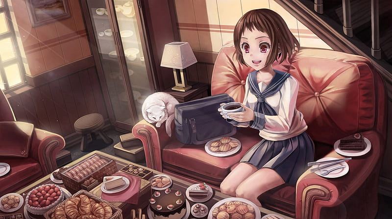 Yummy Foods, candy, cake, house, hungry, home, bread, adorable, sweet, yummy, anime, anime girl, delicious, female, food, happy, cookies, girl, coffee, cup, scene, snacks, HD wallpaper