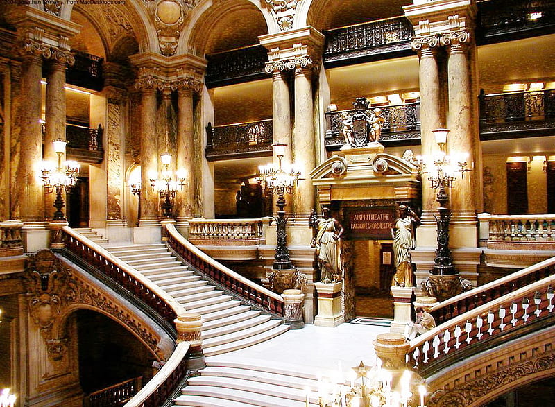 Foyer of the Opera. Paris France, architecture, foyer, wonderful, columns, lamps, lights, clasic style, staircase, luxury, HD wallpaper
