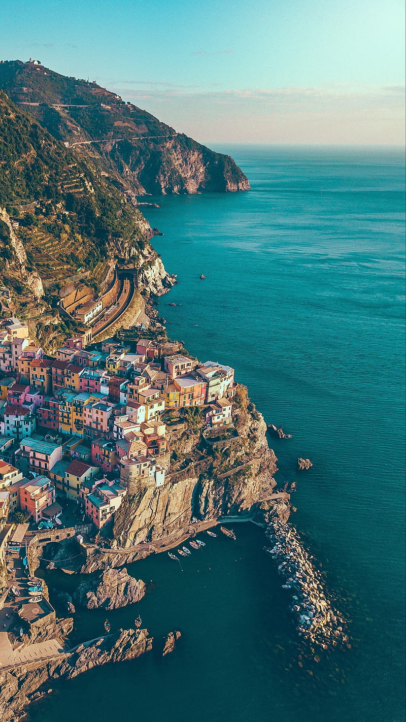 Italy Sea Shore , manarola, mountains, rocks, city, nature, HD phone wallpaper