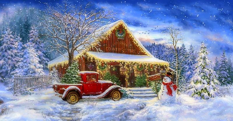 Christmas Country Store, Christmas, holidays, Christmas Tree, white trees, love four seasons, country store, pick-up, attractions in dreams, snowman, xmas and new year, winter, snow, winter holidays, HD wallpaper