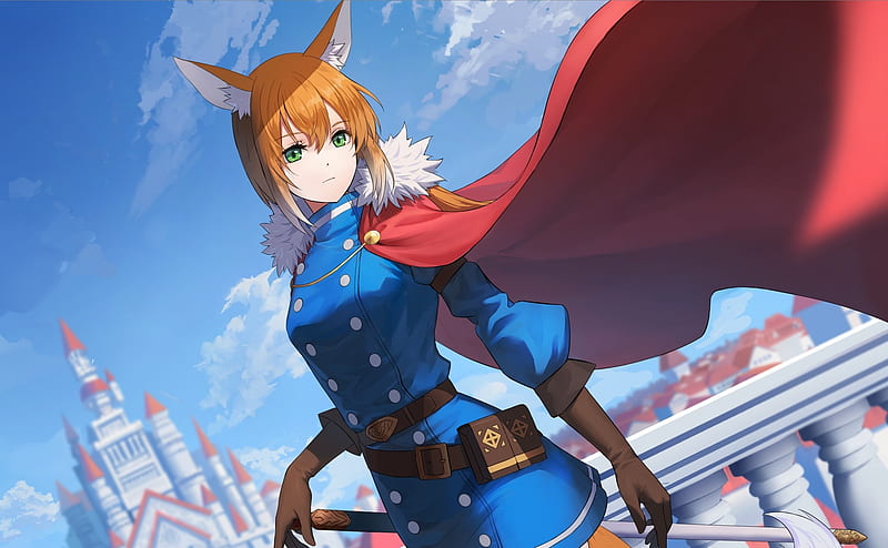 anime fox girl, animal ears, cape, military uniform, sword, fantasy world, Anime, HD wallpaper