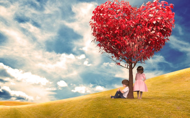 Tree of love, red, cloud, children, yellow, valentine, sky, card, cute,  tree, HD wallpaper | Peakpx