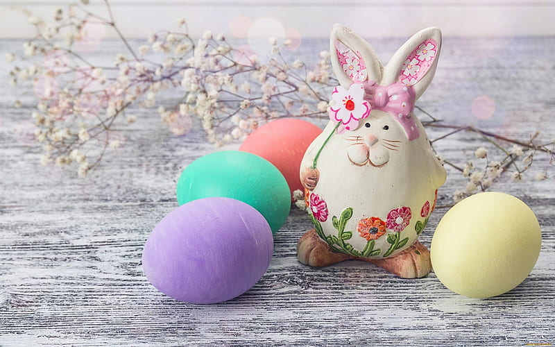 Happy Easter, rabbit, colorful decorated eggs, Easter decoration, spring flowers, HD wallpaper
